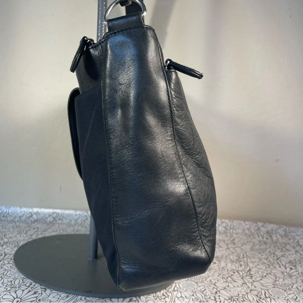 HOBO Black Leather & Nylon Messenger Bag Adjustable Crossbody Shoulder Bag